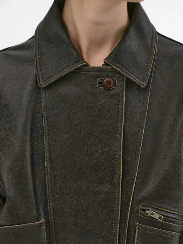 Sale Source Unknown Blouson Aviateur En Cuir D'Agneau Delave Geva, Marron